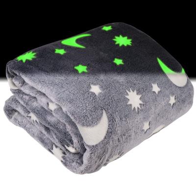 China PORTABLE Custom Plush Luminous Glow in the Dark Cartoon Gray Moon Star Flannel Fleece Throw Blanket for sale