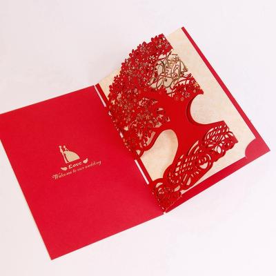 China Europe Personalized Customized Printing Laser Cut Red Gold Color Tree Wedding Invitations Cards With Envelope for sale