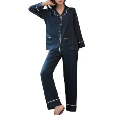 China QUICK DRY Satin Dark Blue Pajamas with White Trim Loungwear for Lady Pajamas Pants for sale