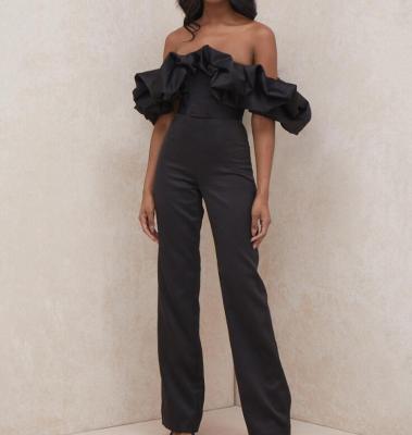 China Anti-pilling off the shoulder satin velvet jumpsuit woman black satin ruffle strapless jumpsuit for sale