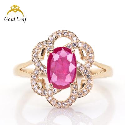 China Wholesale CLASSIC Yellow Gold Ring Oval Cut Lab Grown Ruby Wedding Ring Fashion Jewelry of Goldleaf 10K Soild Flower Pattern for sale