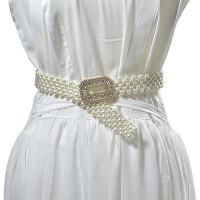 China Ladies Fashion Comfortable Pearl Beaded Elastic PU Waistband Dress for sale