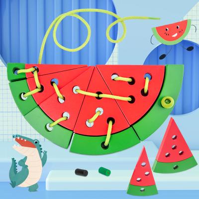 China Eductional Child Toys Wooden Block Puzzle Travel Game Kindergarten Family Teaching Aids Watermelon Threading Game for sale