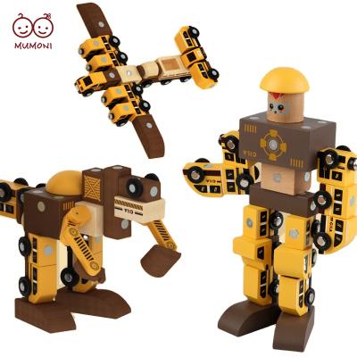 China Funny Deformable Robot And Car Toys Shape Style Magnetic Assembly Rail Toys Boys Robot Blocks Games Wooden Building Vehicle Cool Gifts for sale