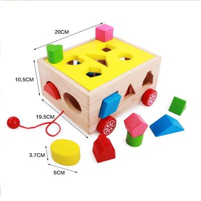 China Fashion Kindergarten Toy 15 Matching Holes Shapes Wooden Intelligence Box Shape Moving Sorter Stacking Game for sale