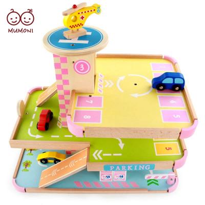 China 3d simulation capacity train car wooden popular wooden boys' favorite motor skill toys garage toy car sets exercise and parking lot practice for sale