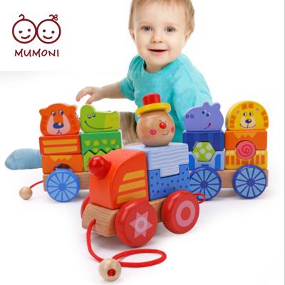 China Train Design But Blocks Can Be Separated Montessori Three Carriages Set Shape Animal Blocks Building Train Sets Funny Wooden Train Blocks for sale