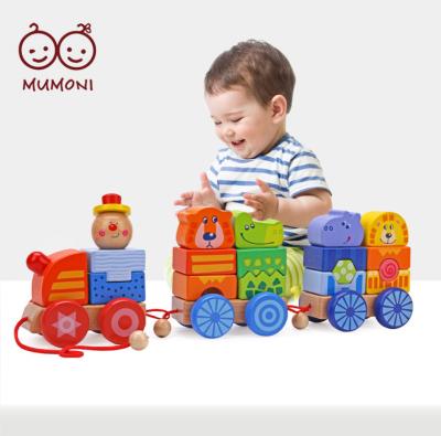 China Popular Indoor Funny Train Building Toys Cartoon Animals Blocks Pulling Train Wooden Block for sale