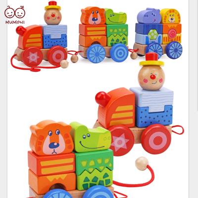 China 2021 Popular Animal Design Wooden Train Set Children's Knowledge Building Block Train Set High Quality Beech Wood Wooden Toys No Burrs for sale