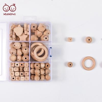 China 130 Pieces One Box Beads String Toy Wholesale Natural Color Beads Accessories Different Wooden Beech String Toy Shapes Beads Set Box for sale