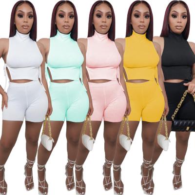 China QUICK DRY Casual Sleeveless High Crop Top Women Set With Neck Short Women Two Piece Sets Summer for sale