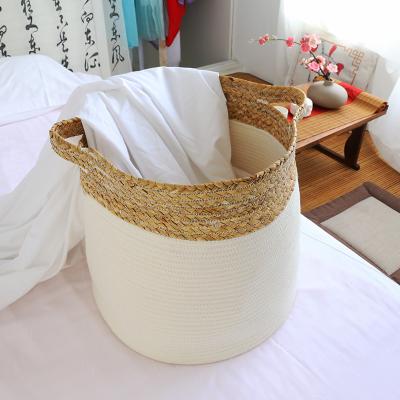 China Extra Large Capacity Storage Basket Green Cotton Rope Collapsible Water Hyacinth Basket With Handles Viable for sale