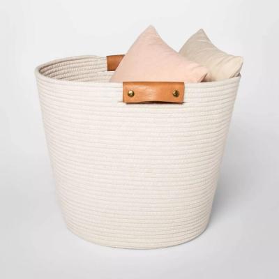 China Sustainable Rope Cotton Collapsible Woven Basket With Handles, White Rope Floor Basket Cotton Rope Basket for sale