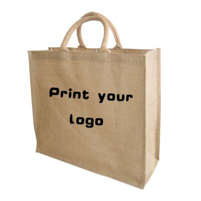 China Custom Fashion Logo Silk Screen Printing Jute Reusable Shopping Tote Bag for sale