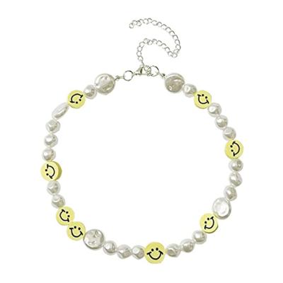 China 2021 Fashion Environmental Friendly Hot Selling Geometric Smile Necklace Pearl Beaded Cute Necklace Jewelry Necklace For Women for sale