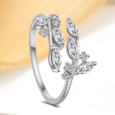 China Cute Simple Student Adjustable Open Rings Silver Plated Cubic Zircon Leaf Rings For Women Girls for sale