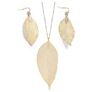 China Gold BOHEMIA Fashion Long Leaf Jewelry Set Modern Earrings Pendant Necklace For Women for sale