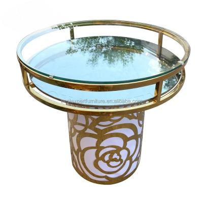 China Modern Cake Table Luxury Stainless Steel Furniture Dining Table Stainless Steel Indoor Glass Top Table for sale