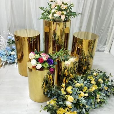 China Luxury Hot Sale Cylinder Round Plinth Gold Dessert Table Stand Wedding Decoration Display Pedestal for sale