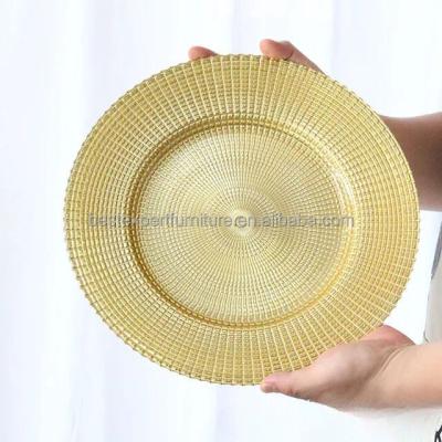 China Sustainable 13inch 33cm Wedding Event Party Dinnerware Sets Custom Color Round Gold Reef Glass Charger Plates cu017 for sale