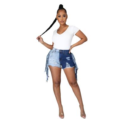 China Breathable New Product High Waist Tassel Lady Denim Shorts Contrast Color With Hole Women Jeans Shorts for sale