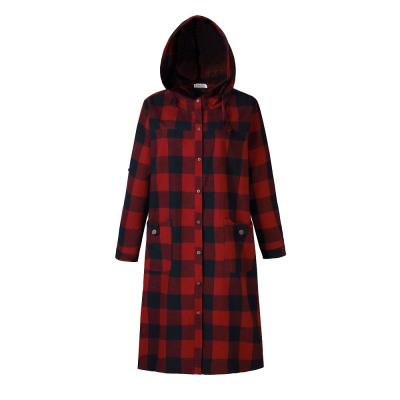 China Breathable Black Buffalo Women Red Checkered Loose Long Blouse With Patch Pocket for sale