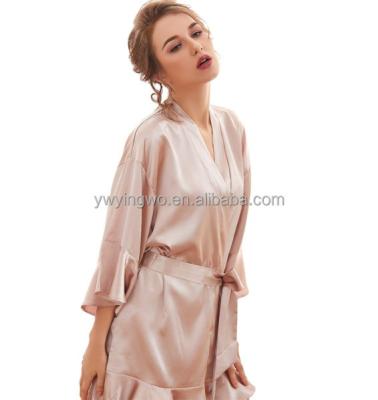 China Elegant Wedding Robe Color Satin Ruffled Smooth Silky Picture Robe Bathrobe Sheer Kimono Robe With Oblique V-Neckline for sale