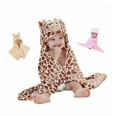 China Custom Affordable High Quality 100% Polyester Flame Retardant Plush 28x40 Inches Hooded Baby Blanket With Giraffe for sale