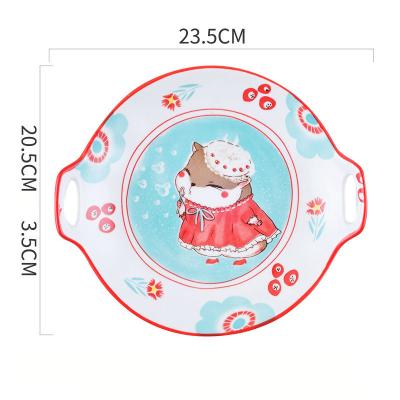 China Household Japanese Style Dish Hamster Cartoon Single Handle Bakeware Divided Grid Ceramic Tableware for sale