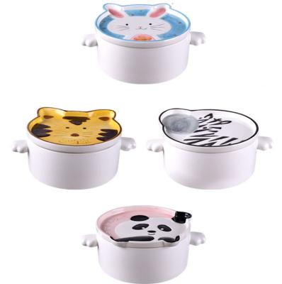 China Children's Instant Noodle Bowl Stocked With Lid Creative Household Cartoon Japanese Anti-scalding Ceramic Bowl Set With Handle for sale