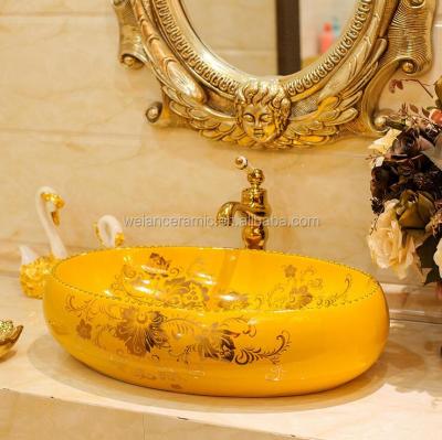 China 2017 Yellow Easy Clean With Gold Pattern Ceramic Wash Basin Sink For Bathroom for sale