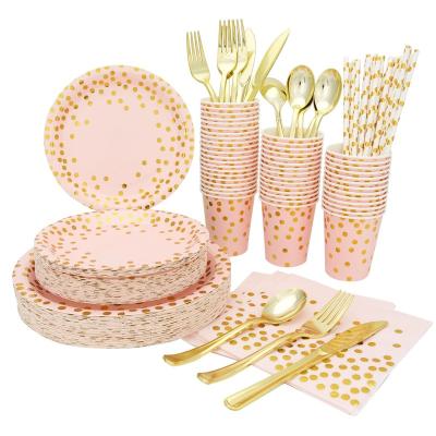 China Paper Party Decorations Gold Dot Paper Plate Cup Napkin Birthday Disposable Cake Tableware Sets for Wedding Birthday Party Festive for sale