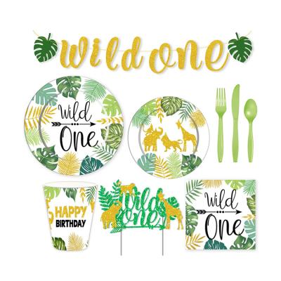 China Paper Wild One 1st First Birthday 114 pcs Party tableware Animal Party Supplies Set Plates Cups Napkins Banner for Children Boys Baby for sale