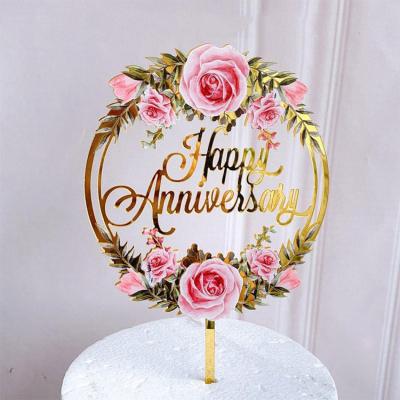 China Acrylic New Rose Flowers Happy Birthday Acrylic Cake Toppers Gold Birthday Cake Topper Decor for Wedding Birthday Party Cake Decorations for sale