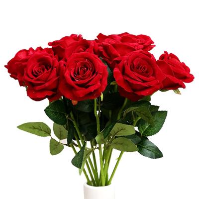 China Flannel+plastic+iron wire Silk Simulation roses artificial flowers Red Rose simulated rose bouquet flowers for decoration wedding artificial for sale