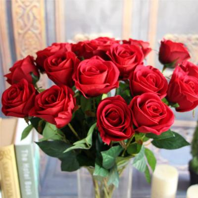 China Flannel+plastic+iron wire Single Rose Stem high quality Artificial Silk Flowers Leaves Red Velvet Rose Wedding Party Home Decorative for sale