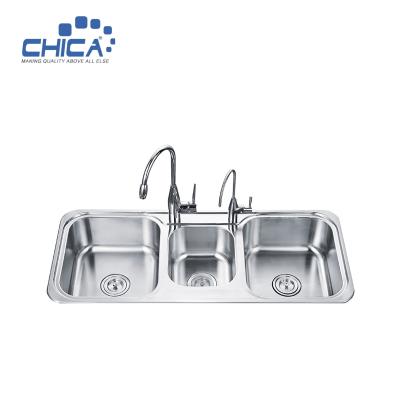 China Stainless Steel Corner Sink Press Kitchen Sink Triple Bowl Kitchen Sink With Faucet for sale