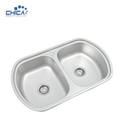 China 1.2mm steel SUS304 commercial stainless steel sink double bowl pressed kitchen sink for village for sale