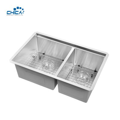 China carton pallet double bowl SUS304 corner sink commercial stainless steel sink topmount handmade house sink for sale