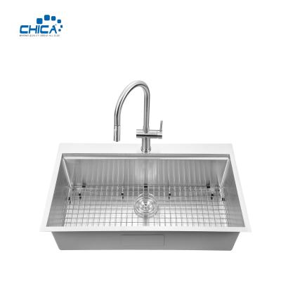 China 33x22x10 single bowl SUS304 stainless steel commercial topmount handmade house kitchen sink with faucet for sale