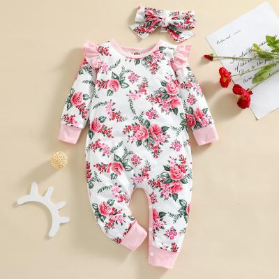 China Anti-pilling new fashion promotion boutique flower printing clothes baby infant born rompers with scarf for sale