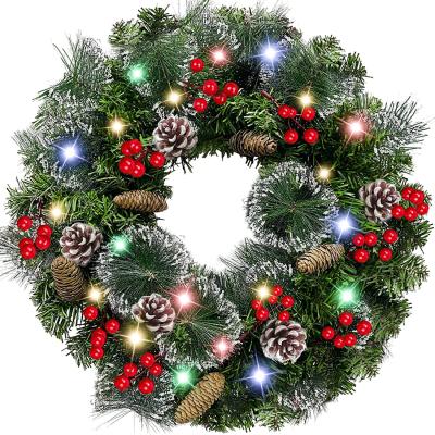 China Natural Touch Lighted Christmas Wreath for Front Door Red White Christmas Door Wreath Decoration with Ball Ornaments Candy Canes for sale