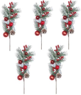 China Red Berry Stems Festival Decoration Pick with Holly Berries Balls and Snow Assembled Artificial Pinecone Pine Picks Faux Spray Sprigs Twigs for Christmas for sale