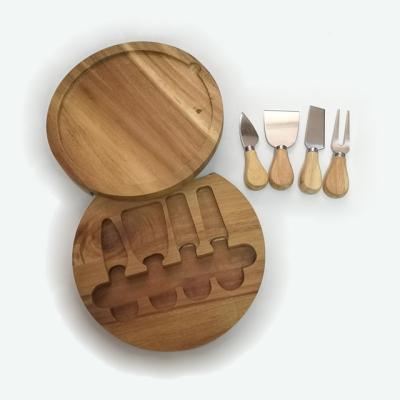 China Sustainable Hot Selling Round Acacia Wooden Cheese Knives Set Butter Knife With Wooden Box for sale