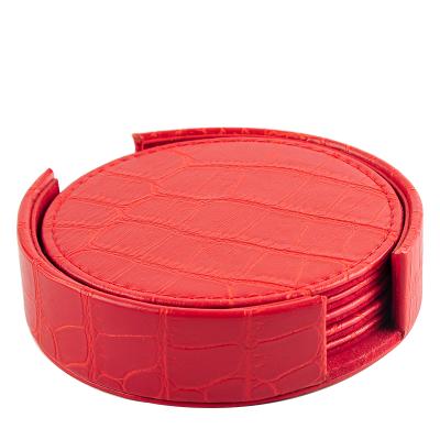 China Durable PU Leather Coasters Set Of 6 With Holder For Coffee Tea Cups Mugs Round Red for sale