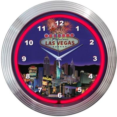 China LUMINOVA Wholesale Custom Neon Tube 15 Inch Silver Shell Clock Face Lighting Las Vegas Neon Wall Clock for sale