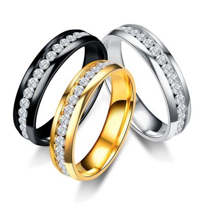 China Dynamic Simplicity Wedding Rings Environmental Friendly Gold Plated Stainless Steel Ring Inlay Zircon Couple Engagement Ring for sale