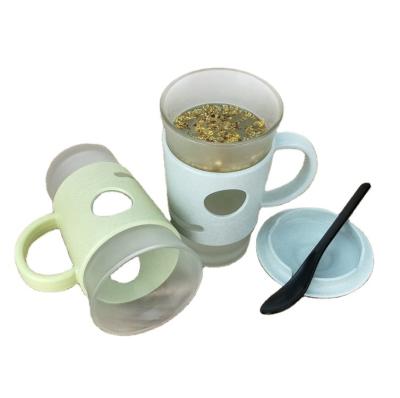 China Minimalist 400ml Insulated Office / Household Glass Coffee Mug With Spoon And Wheat Straw Lid for sale