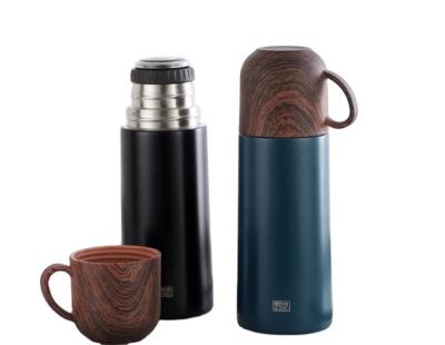 China 350ml PORTABLE Insulated Vacuum Flask Stainless Steel Customize LOGO Water Bottle With Wooden Grain Lid Gift Cup for sale