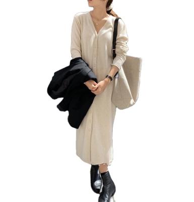 China 100% Pure Wool Elegant Ladies Wool V-Neckline Anti-Wrinkle Knit Cardigan Long Sleeve Dress for sale